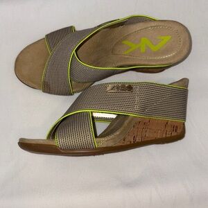 Anne Klein Taupe Wedge Mules with Neon Yellow Trim
